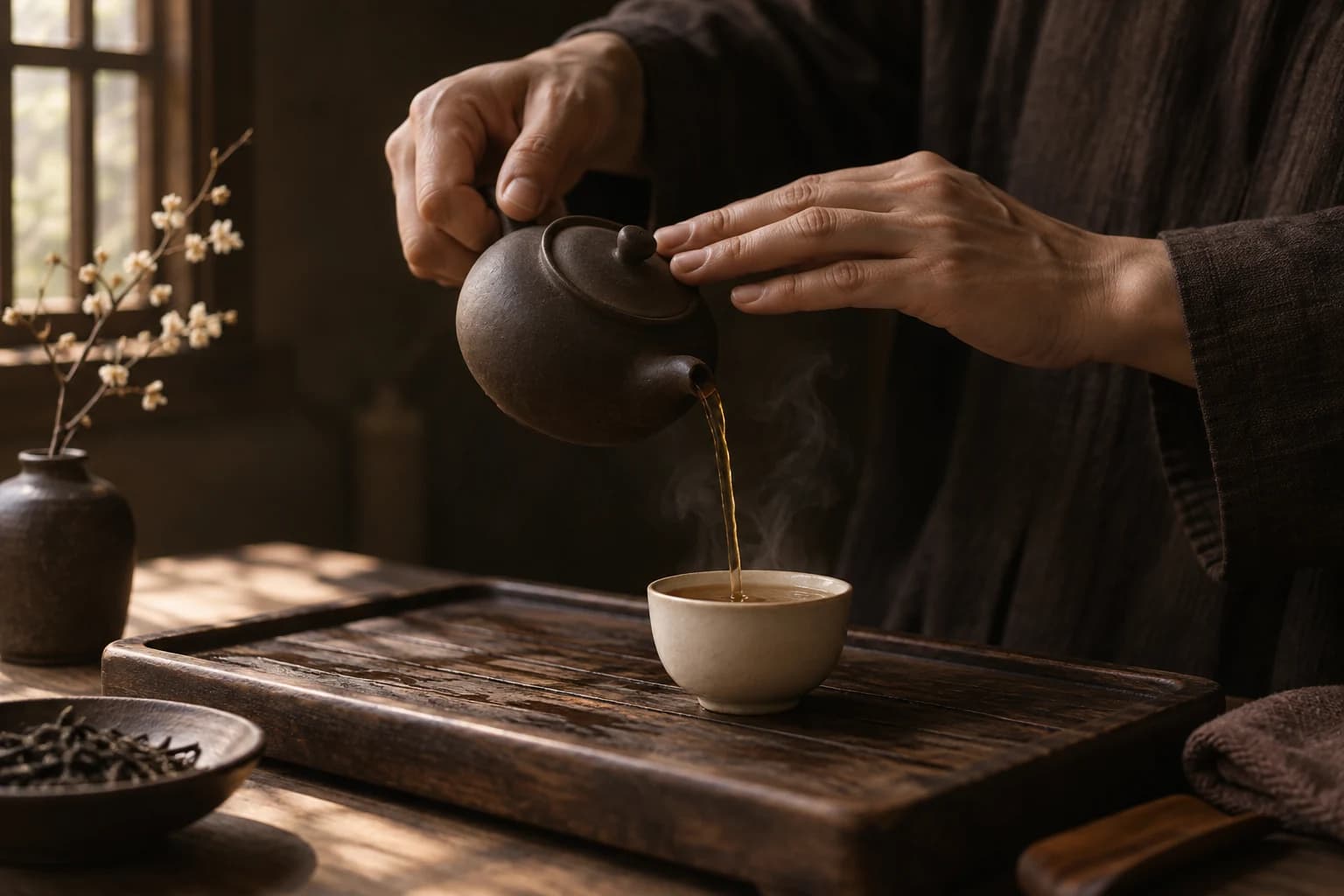 Ảnh minh họa đôi tay rót một chén trà